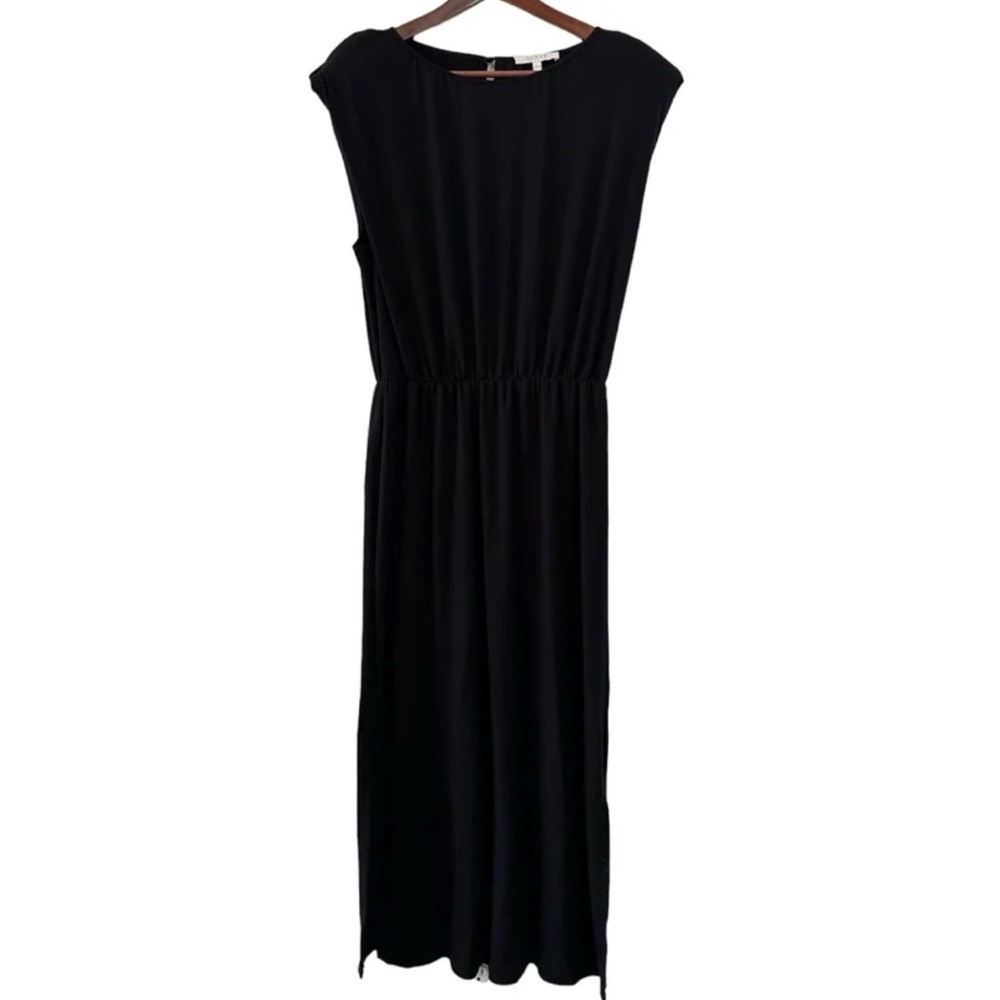 WAYF Woman’s Black Sleeveless Shoulder Pad Elastic Waist Side Slit Midi Dress L
